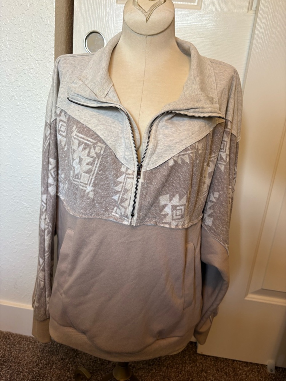 Miss Me Beige and Light Gray Aztec Half-Zip Pullover Sweater